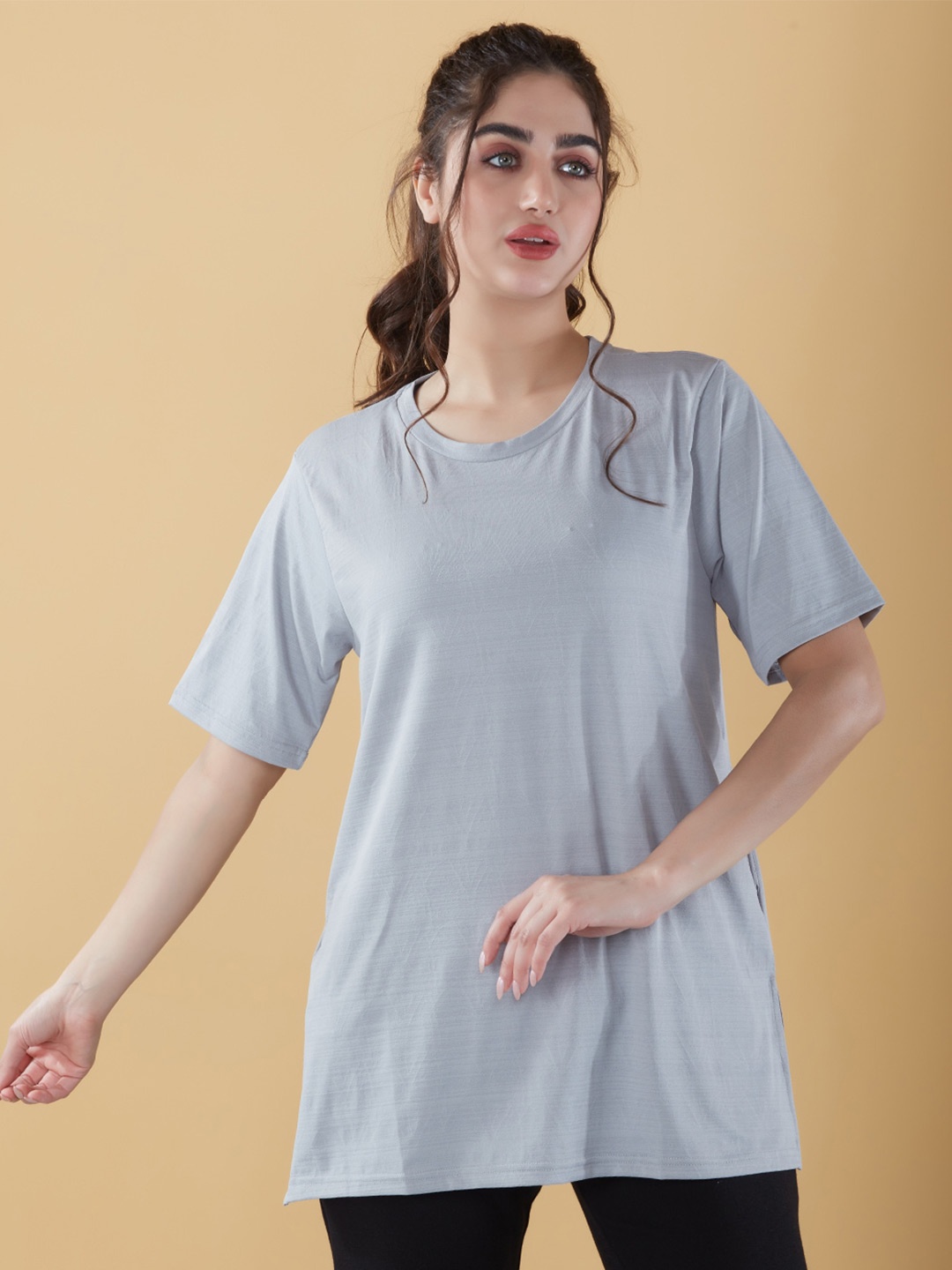 

CUPID Round neck Longline Oversized Top, Grey