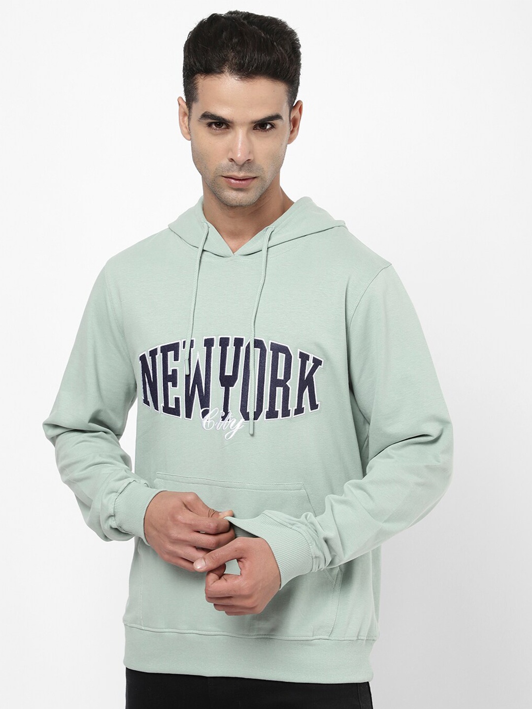 

R&B Printed Hooded Cotton Pullover Sweatshirt, Sea green