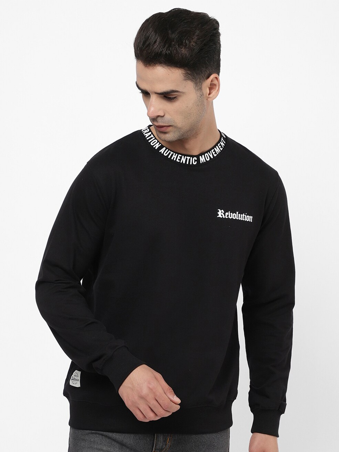 

R&B Round Neck Cotton Pullover Sweatshirt, Black