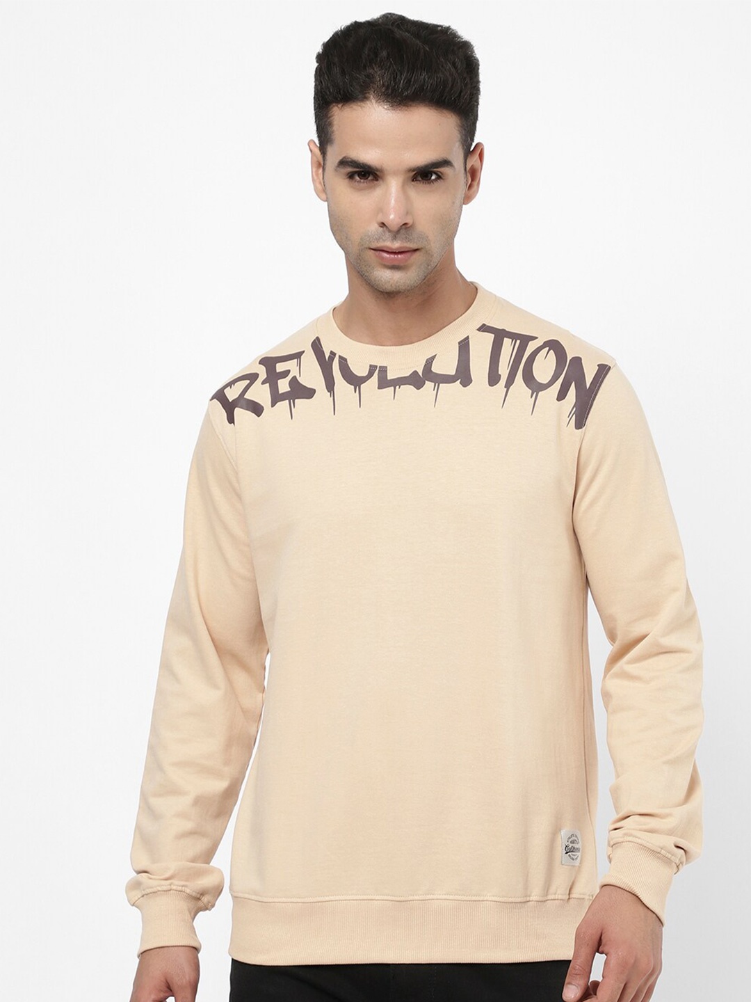 

R&B Round Neck Cotton Pullover Sweatshirt, Beige