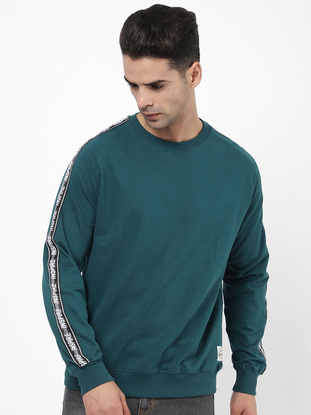 

R&B Round Neck Cotton Pullover Sweatshirt, Teal