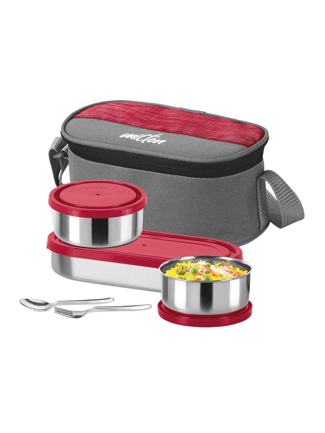 

Milton Red Master Lunch Stainless Steel Tiffin With Spoon And Fork With Insulated Jacket