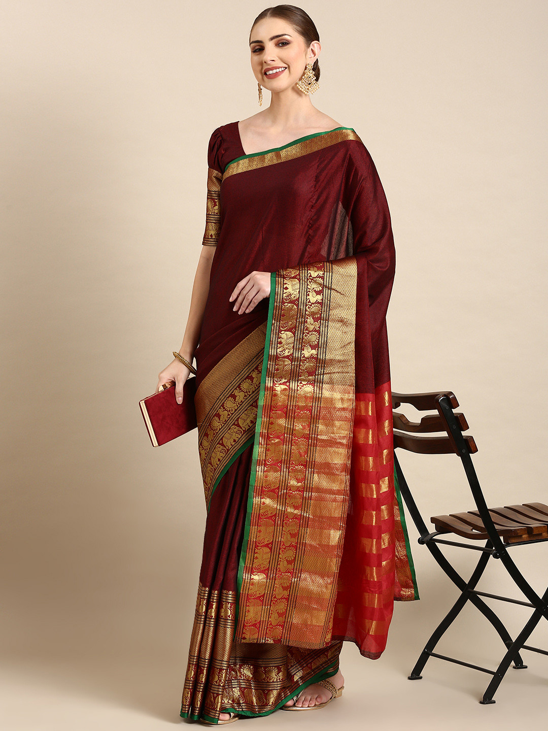 

LOOKNBOOK ART Woven Design Zari Narayan Peth Saree, Maroon