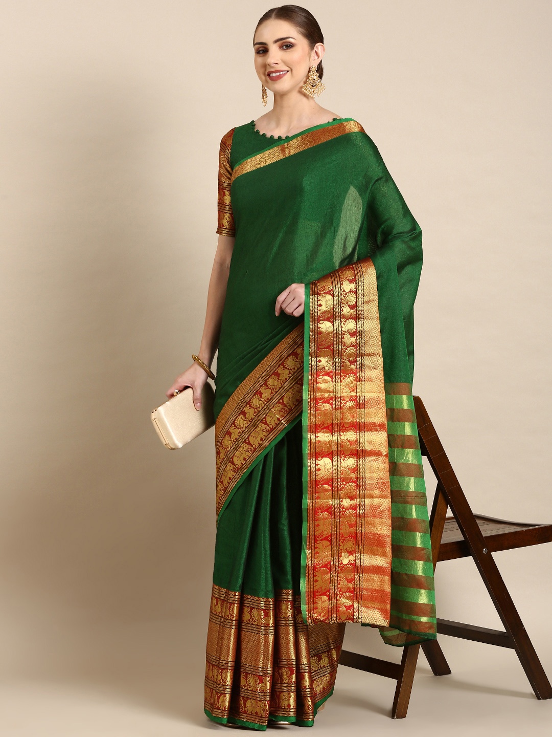 

LOOKNBOOK ART Woven Design Zari Narayan Peth Saree, Green