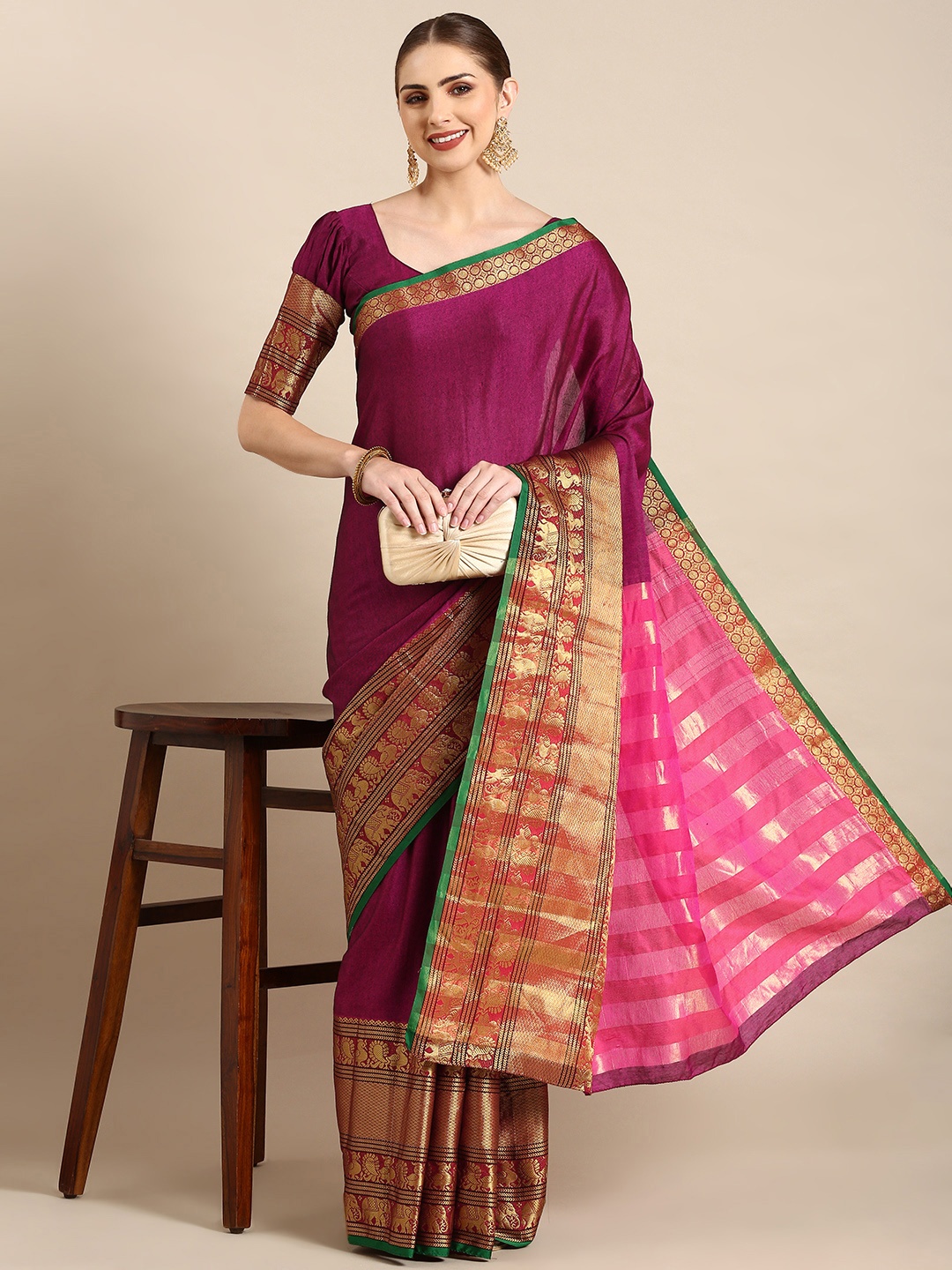 

LOOKNBOOK ART Woven Design Zari Narayan Peth Saree, Pink