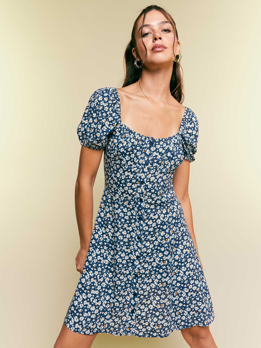 

DeFacto Floral Printed Puff Sleeve Fit & Flare Dress, Navy blue