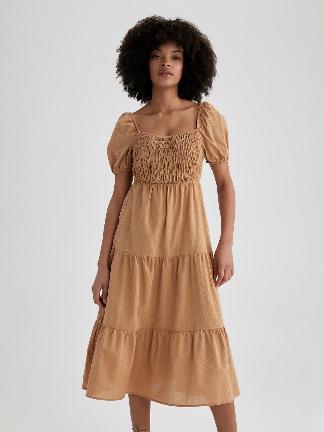 

DeFacto Square Neck Smocked Detail Tiered Pure Cotton A-Line Midi Dress, Camel brown