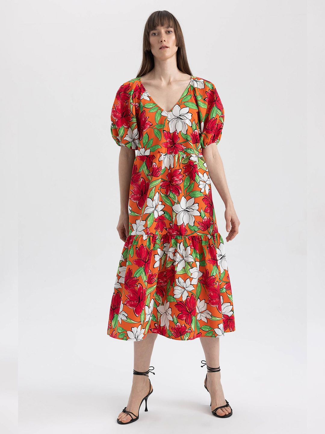 

DeFacto Floral Printed Puff Sleeve Pure Cotton Fit & Flare Midi Dress, Red