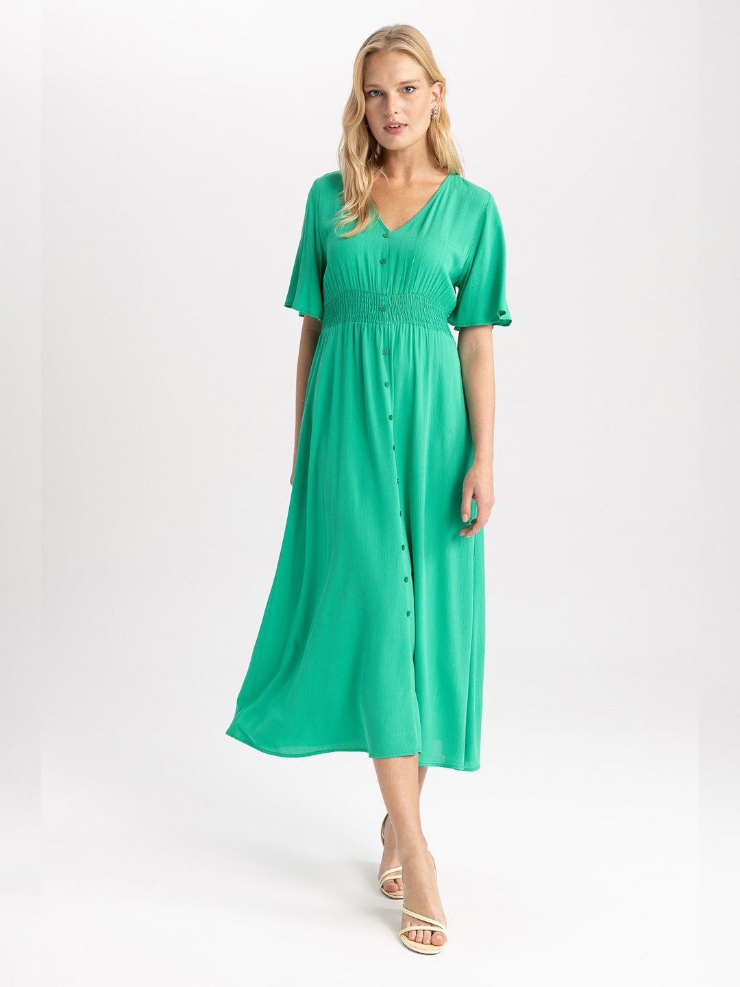 

DeFacto V- Neck Smocked Detail Flared Sleeves A- Line Midi Dress, Green