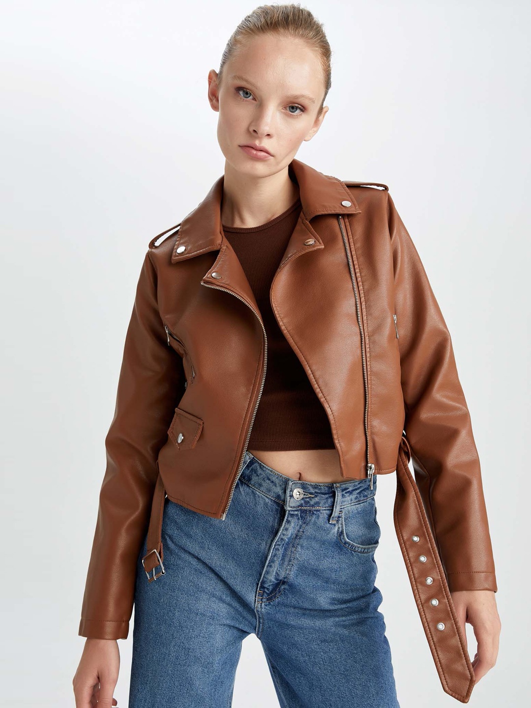

DeFacto Notched Lapel Crop Biker Jacket, Brown