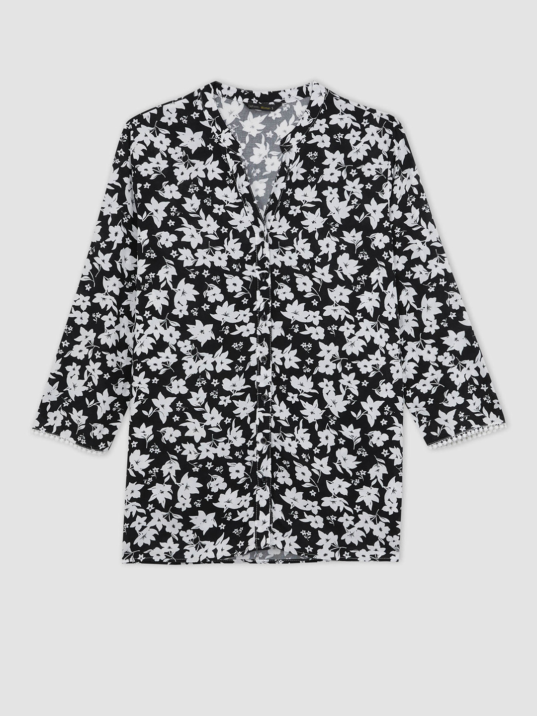 

DeFacto Floral Printed Mandarin Collar Casual Shirt Style Top, Black