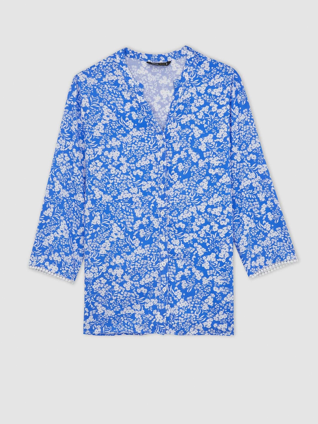 

DeFacto Floral Printed Mandarin Collar Casual Shirt Style Top, Blue