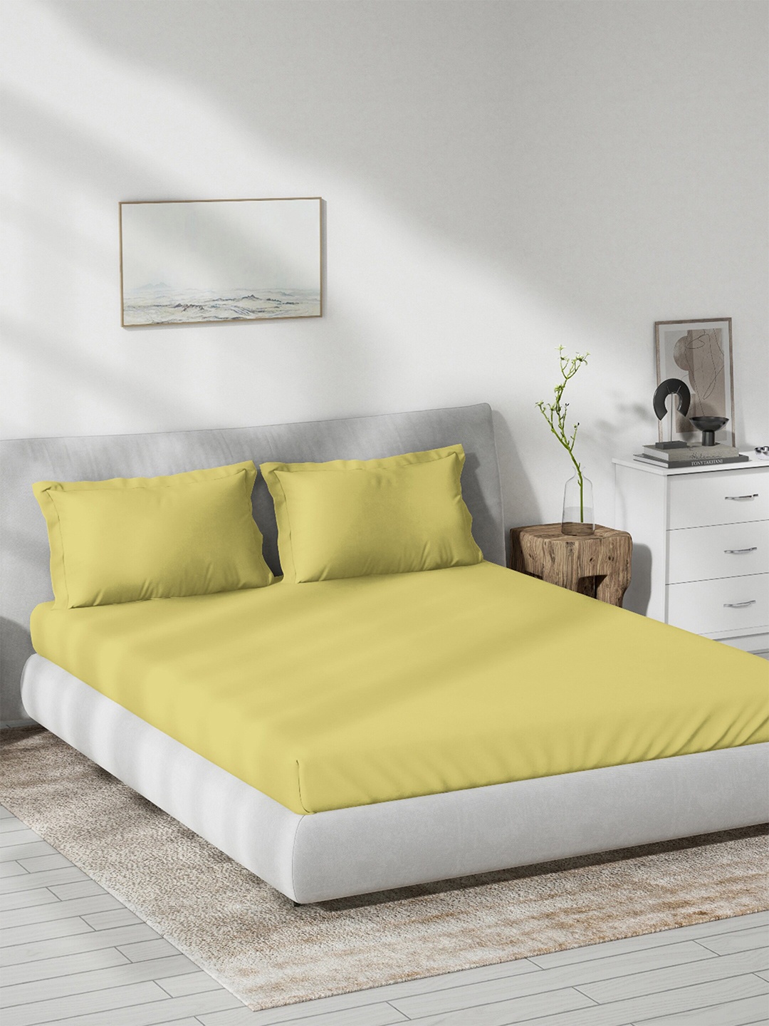 DDecor Yellow Cotton 180 TC Queen Bedsheet With 2 Pillow Covers