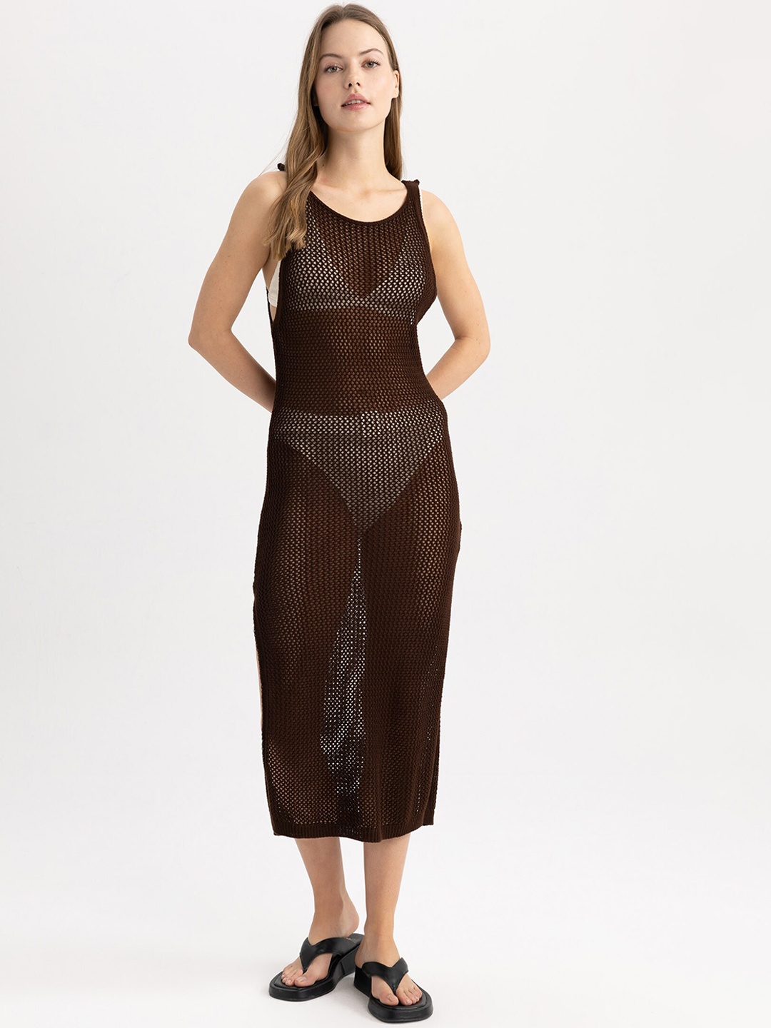 

DeFacto Round Toe Self Design Sheer Cover-Up Dress, Black