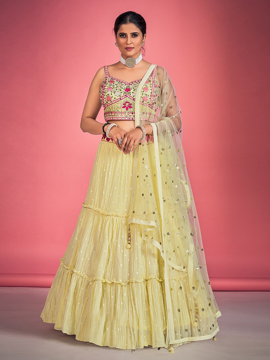 

ODETTE Embroidered Ready to Wear Lehenga & Blouse With Dupatta, Yellow