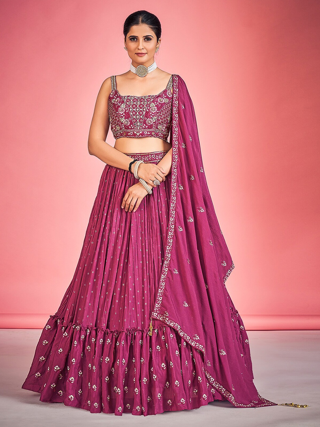 

ODETTE Embroidered Ready to Wear Lehenga & Blouse With Dupatta, Magenta