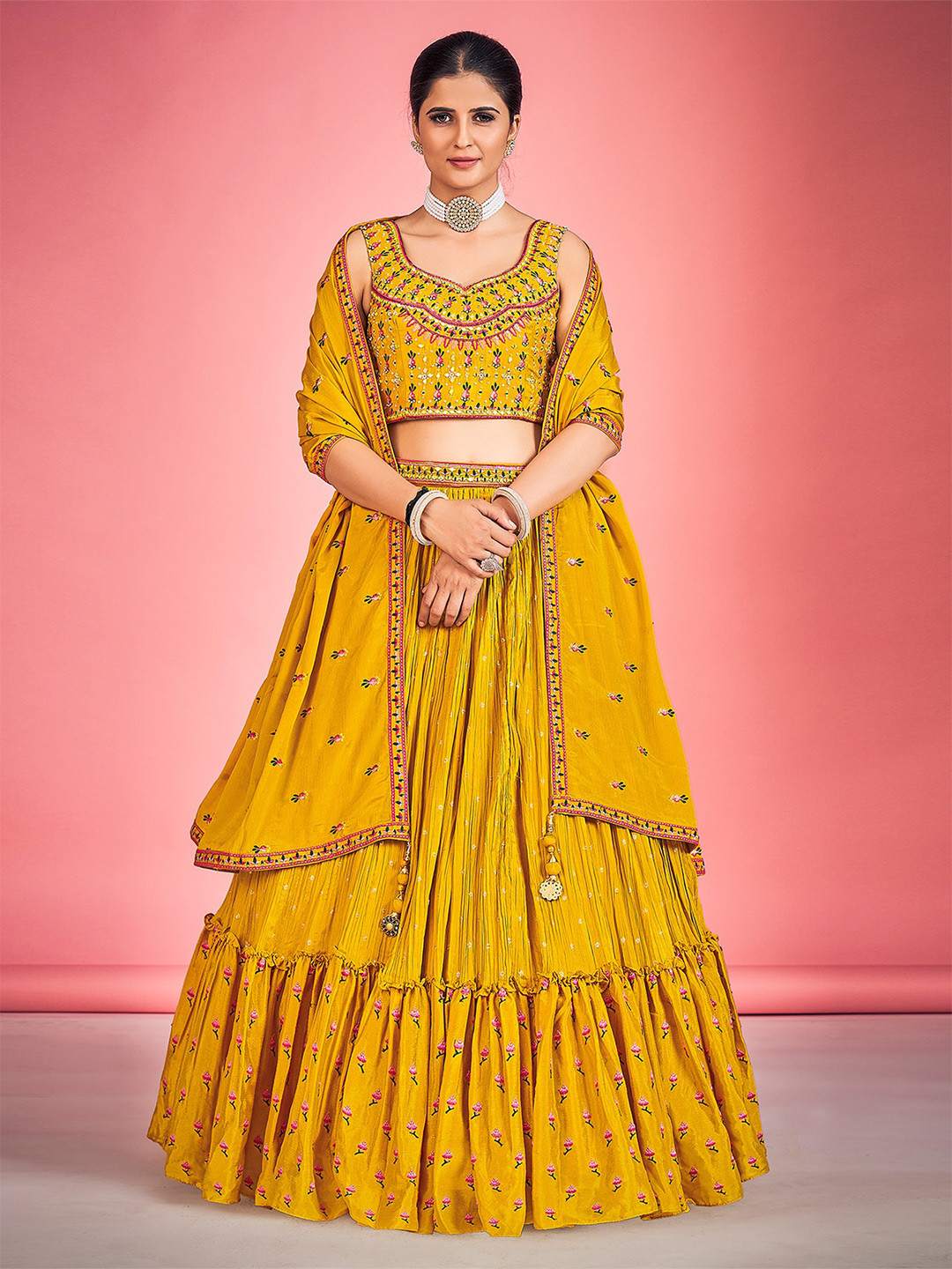 

ODETTE Embroidered Thread Work Ready to Wear Lehenga & Blouse With Dupatta, Mustard