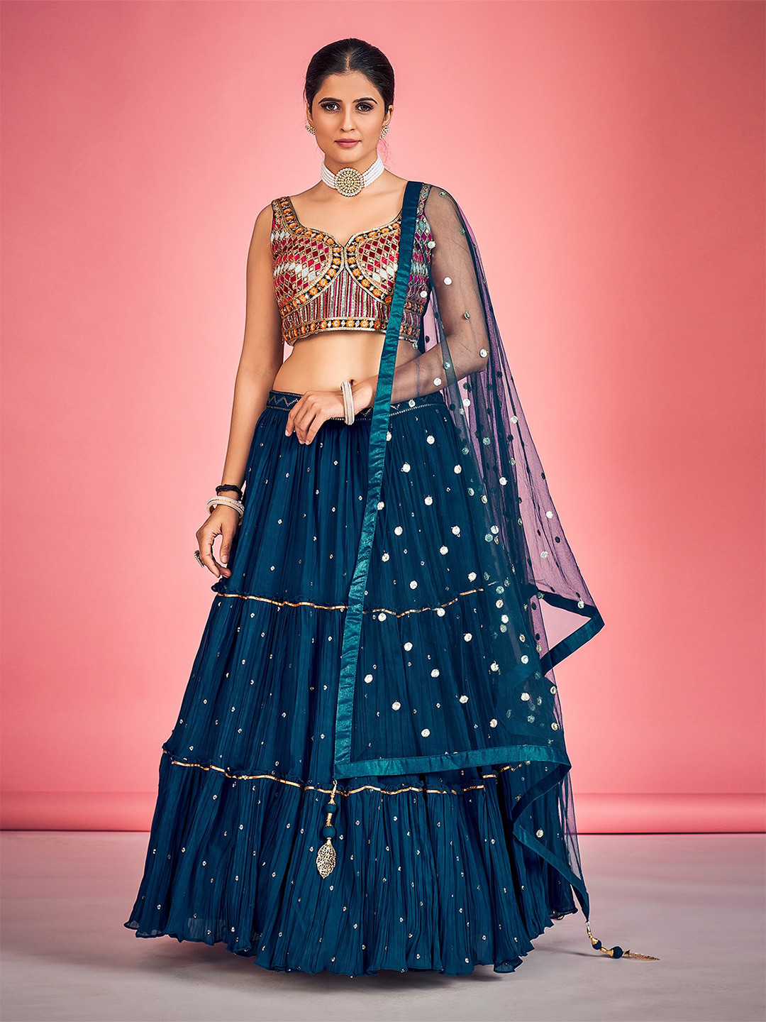 

ODETTE Embroidered Thread Work Ready to Wear Lehenga & Blouse With Dupatta, Blue