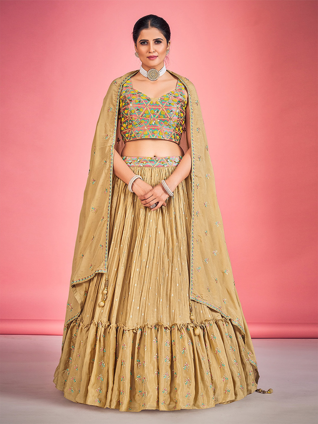

ODETTE Embroidered Sequinned Ready to Wear Lehenga & Blouse With Dupatta, Tan