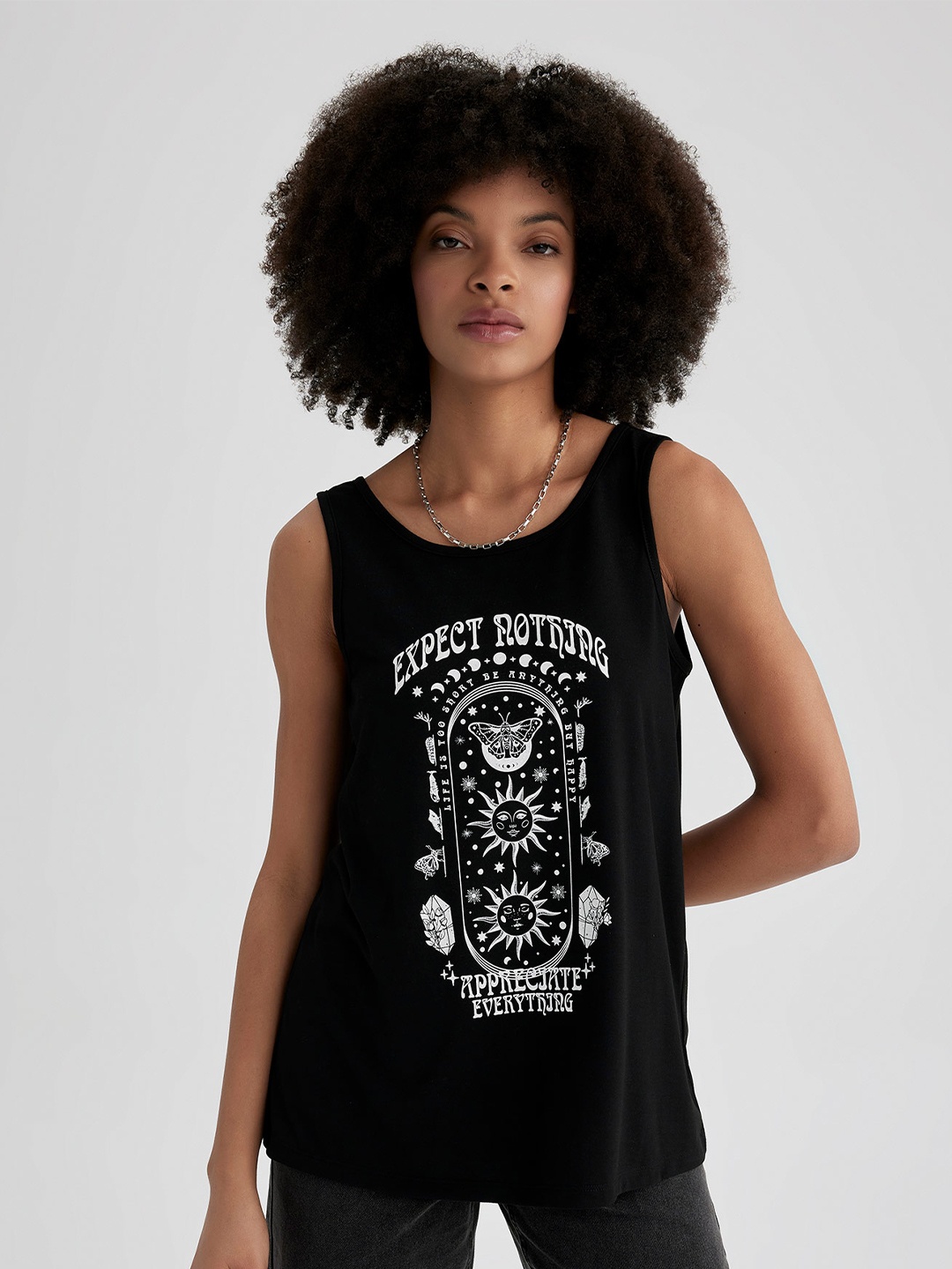 

DeFacto Graphic Printed Knitted Tank Top, Black