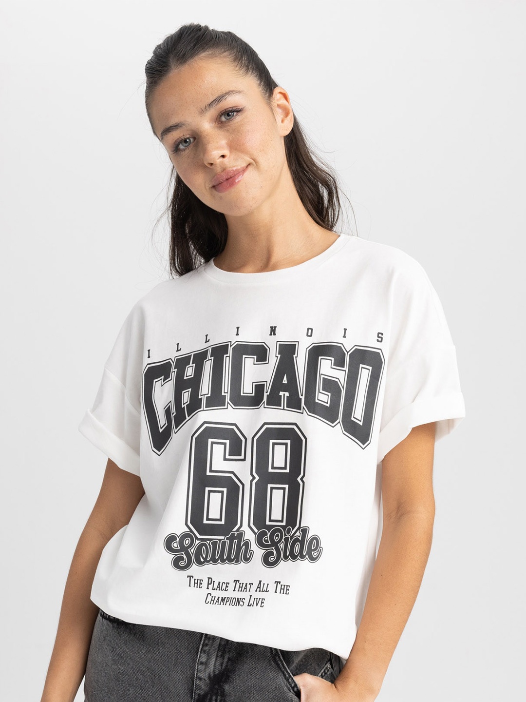 

DeFacto Typography Printed Extended Sleeves Pure Cotton T-shirt, White