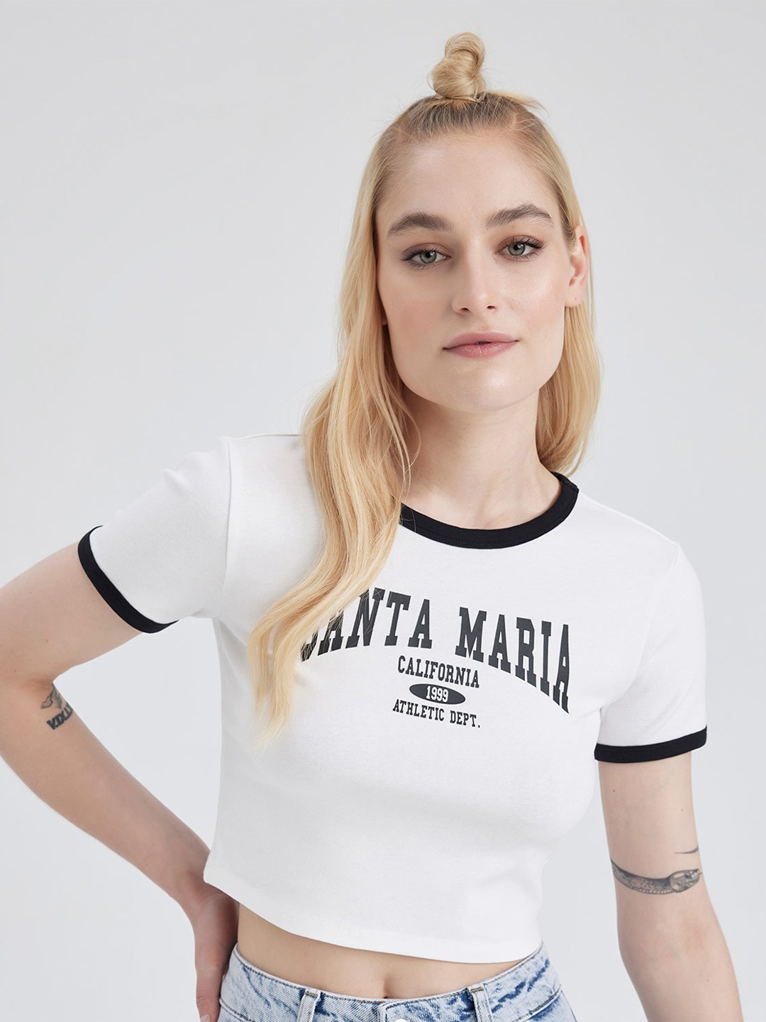 DeFacto Typography Printed Crop T-shirt, White