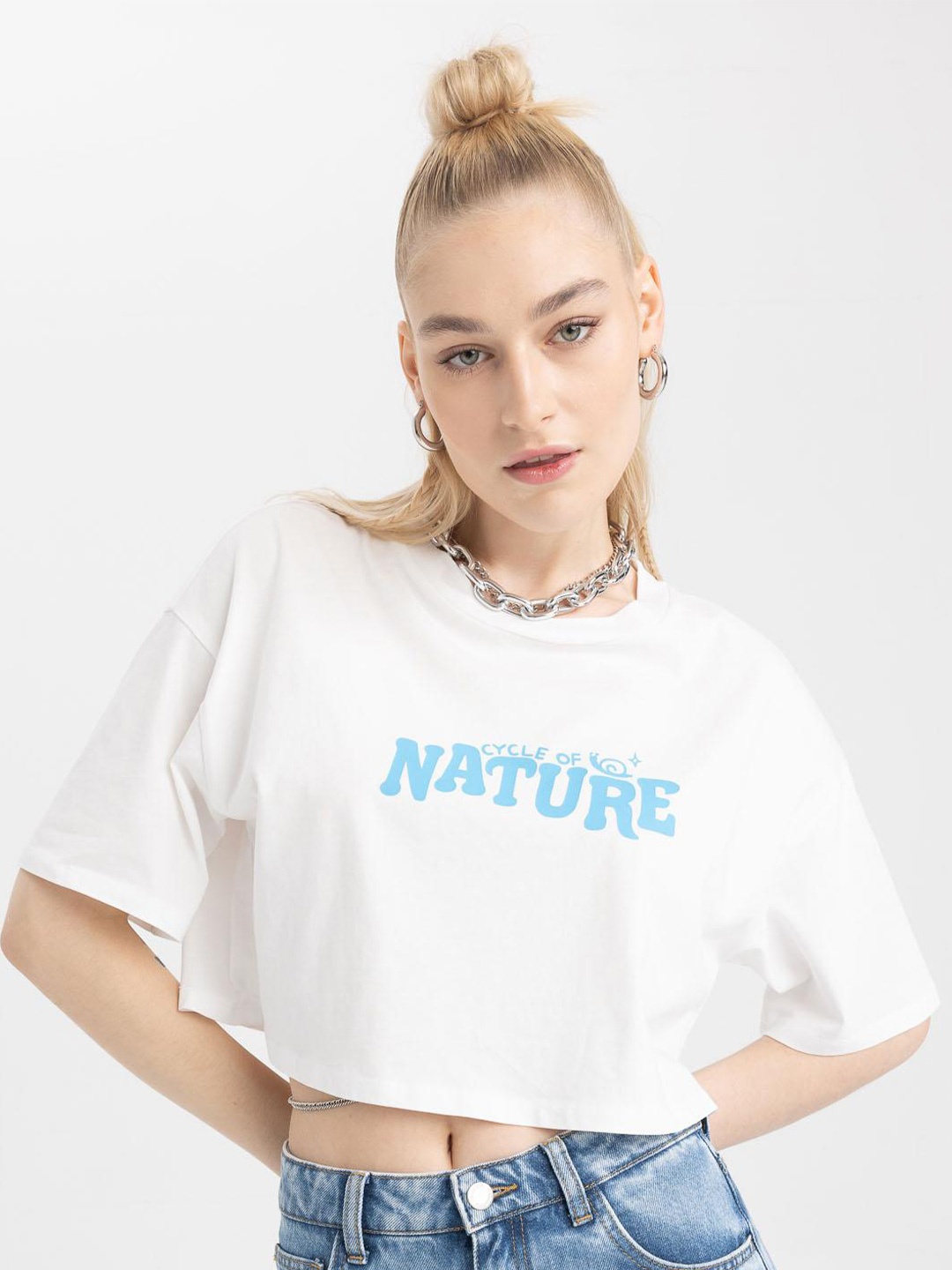 

DeFacto Typography Printed Drop Shoulder Sleeves Crop Pure Cotton T-shirt, White