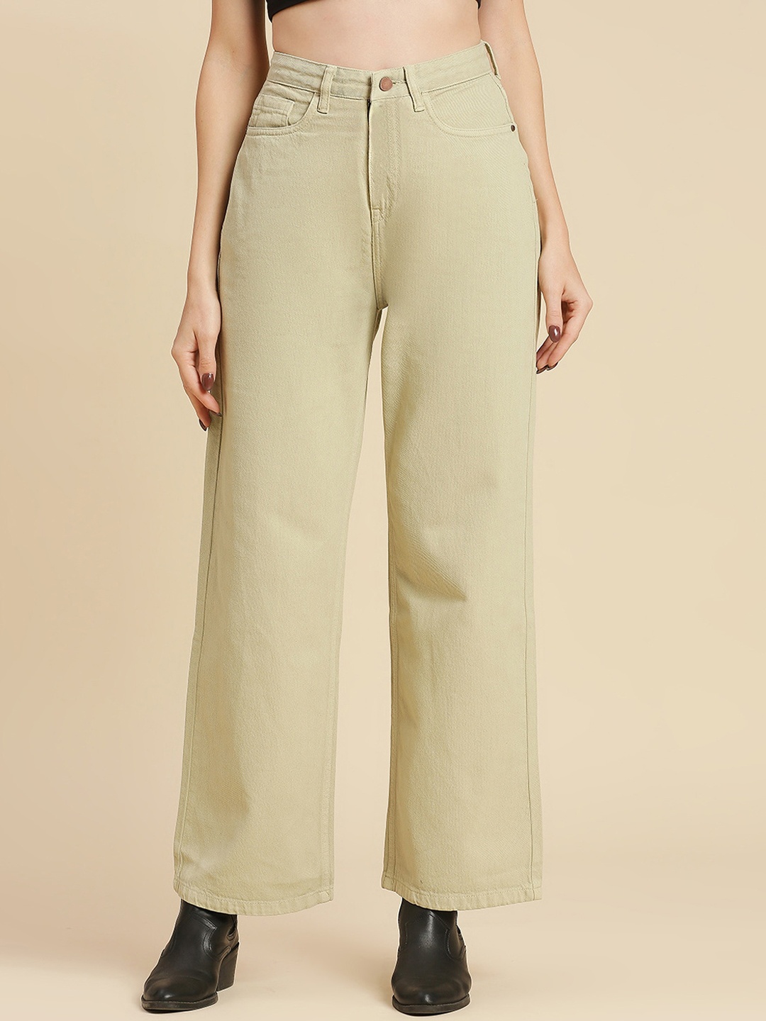 

Harvard Women Beige Straight Fit High-Rise Clean Look Pure Cotton Jeans