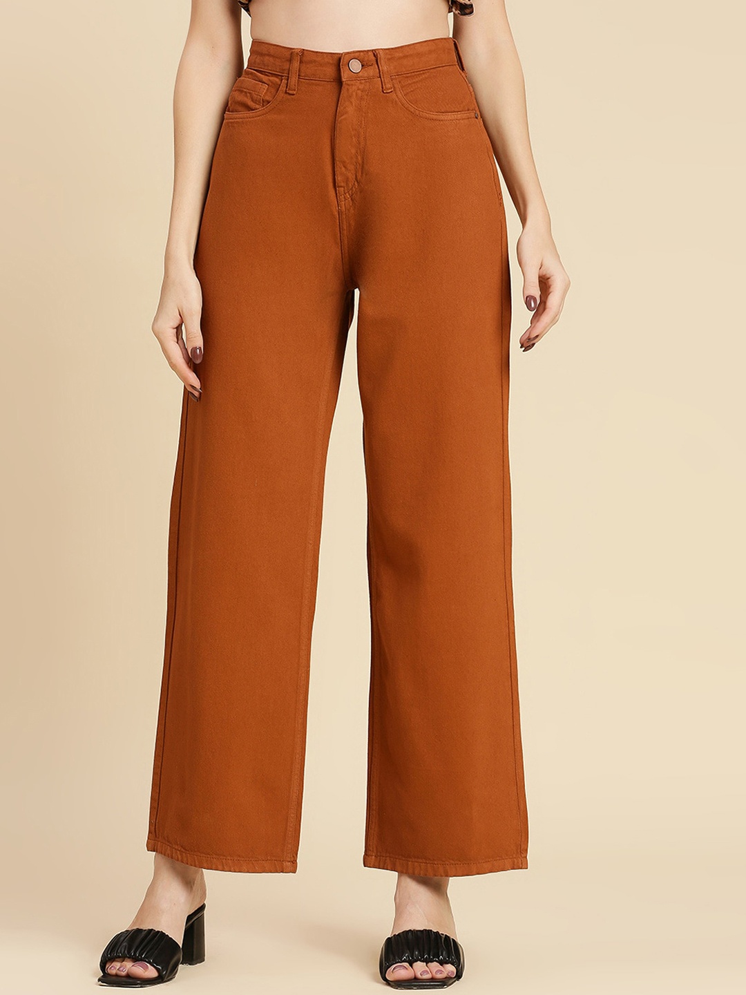 

Harvard Women Brown Straight Fit High-Rise Clean Look Pure Cotton Jeans