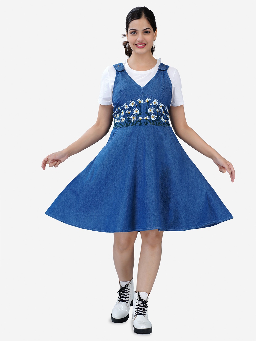 

SUMAVI-FASHION Organic Cotton Denim Embroidered Fit & Flare Dress, Blue