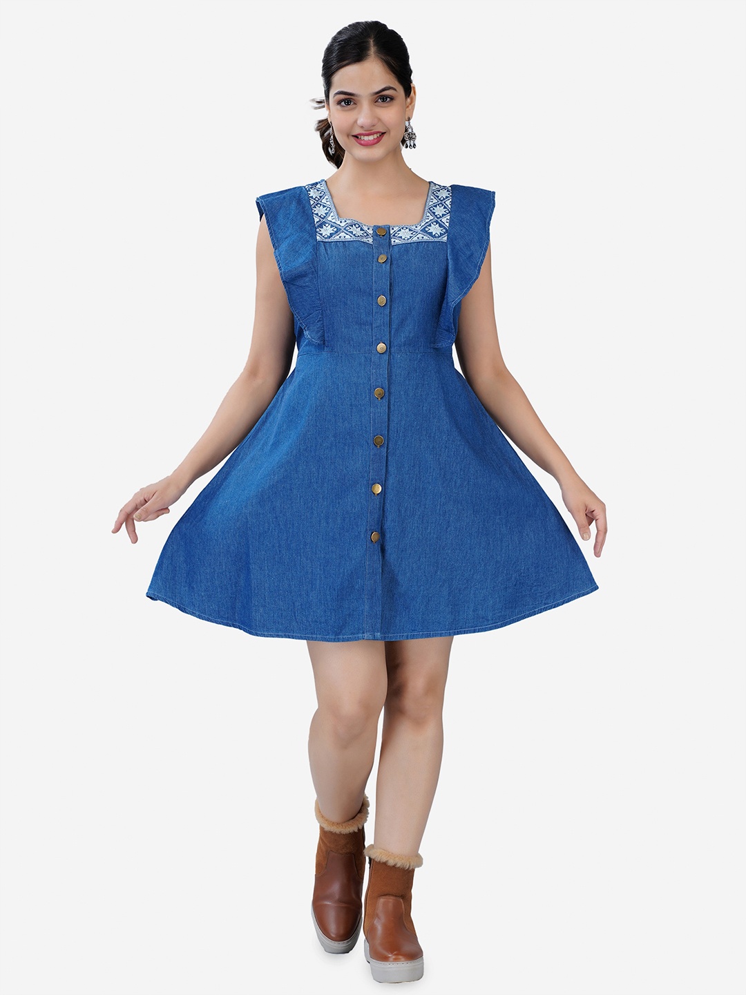 

SUMAVI-FASHION Embroidered Flutter Sleeves Organic Cotton A-Line Dress, Blue