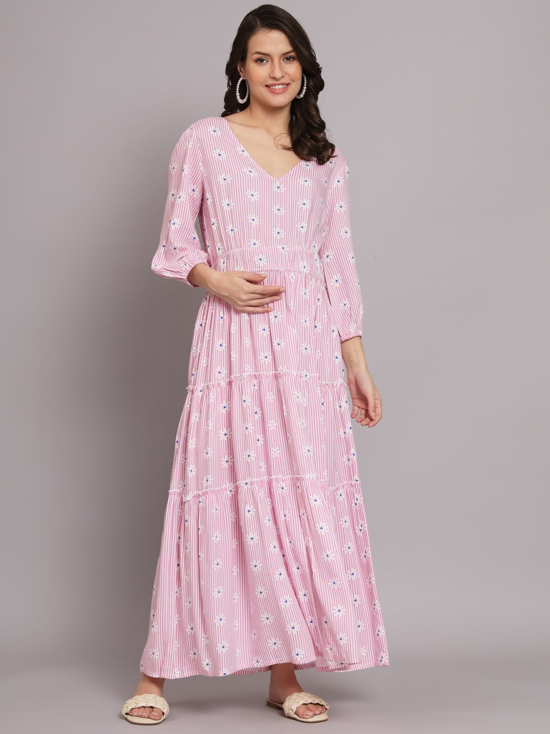 

The Vanca Pink Floral Printed Maternity Fit & Flare Maxi Dress