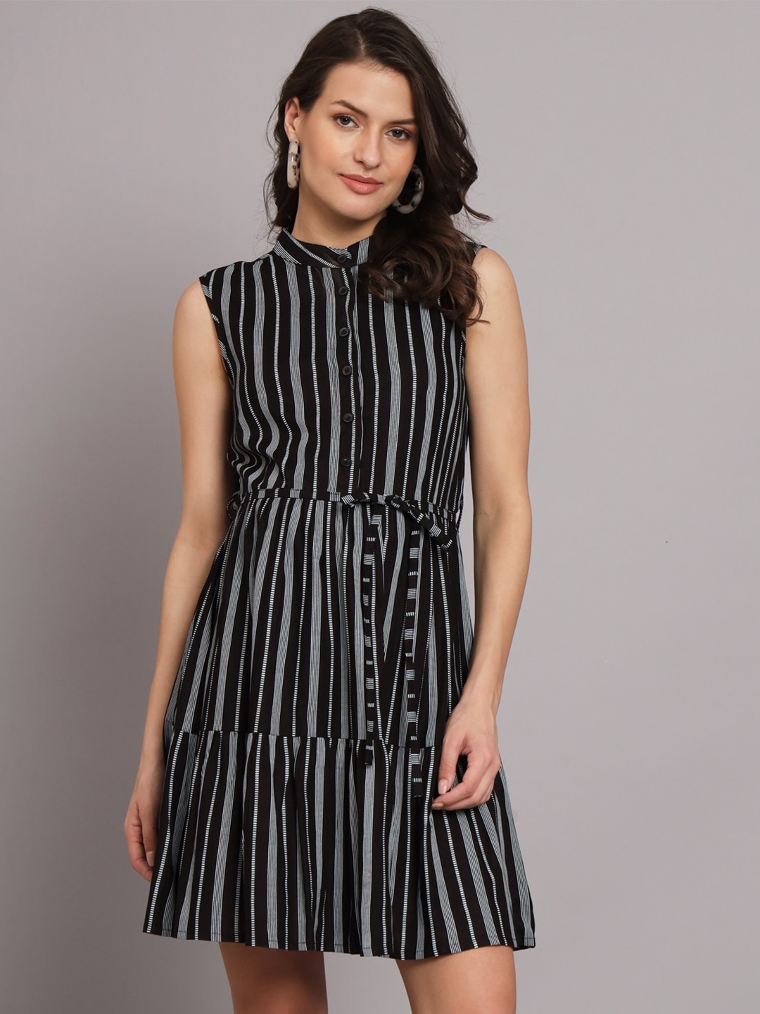 

The Vanca Black Striped Maternity Tiered Fit & Flare Dress