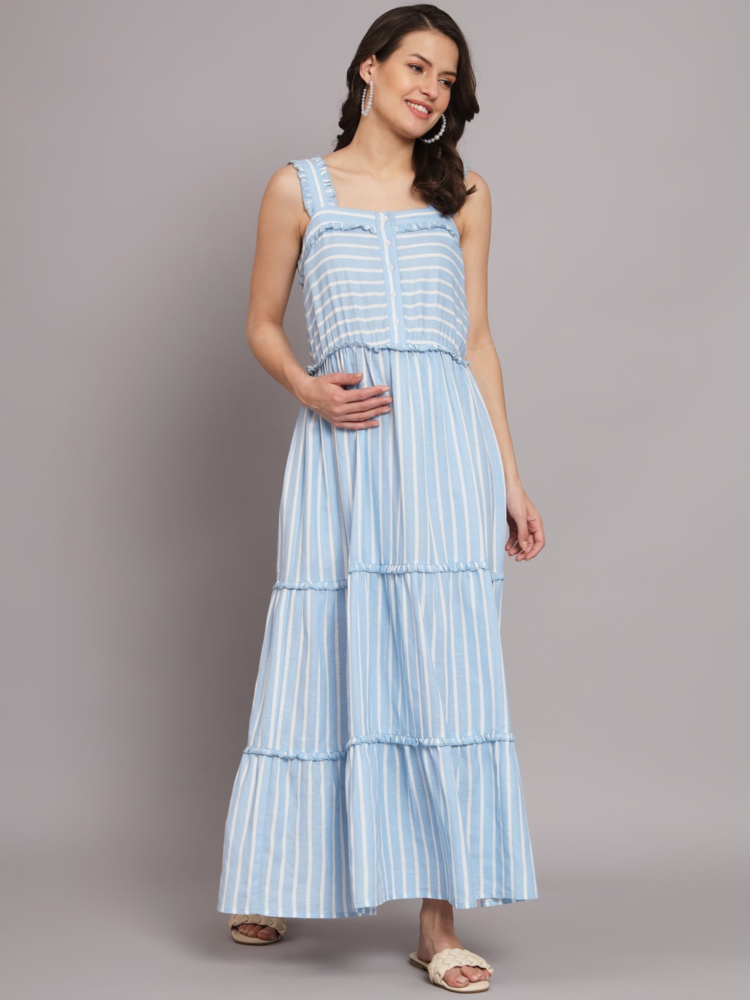 

The Vanca Blue Striped Maternity Shoulder Straps Tiered Maxi Dress