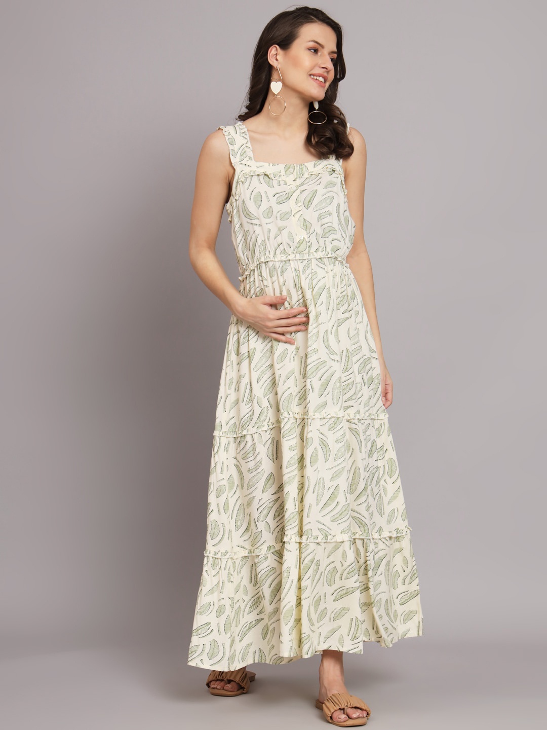 

The Vanca Beige Floral Printed Maternity Shoulder straps Tiered Maxi Dress