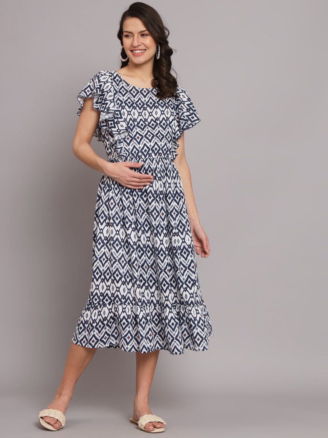 

The Vanca Navy Blue Geometric Printed Maternity Fit & Flare Midi Dress