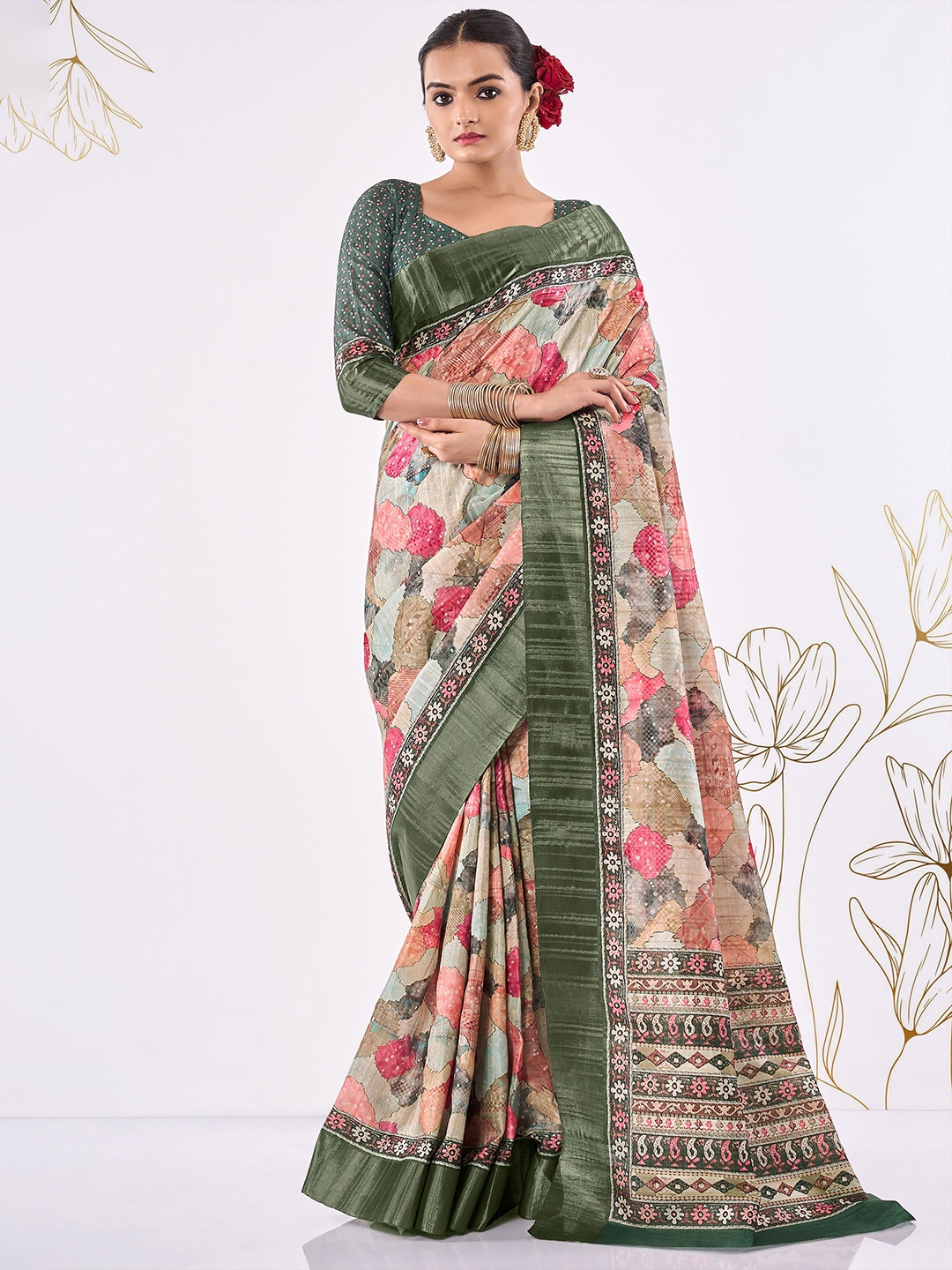

SHANGRILA Abstract Printed Zari Bagru Saree, Off white