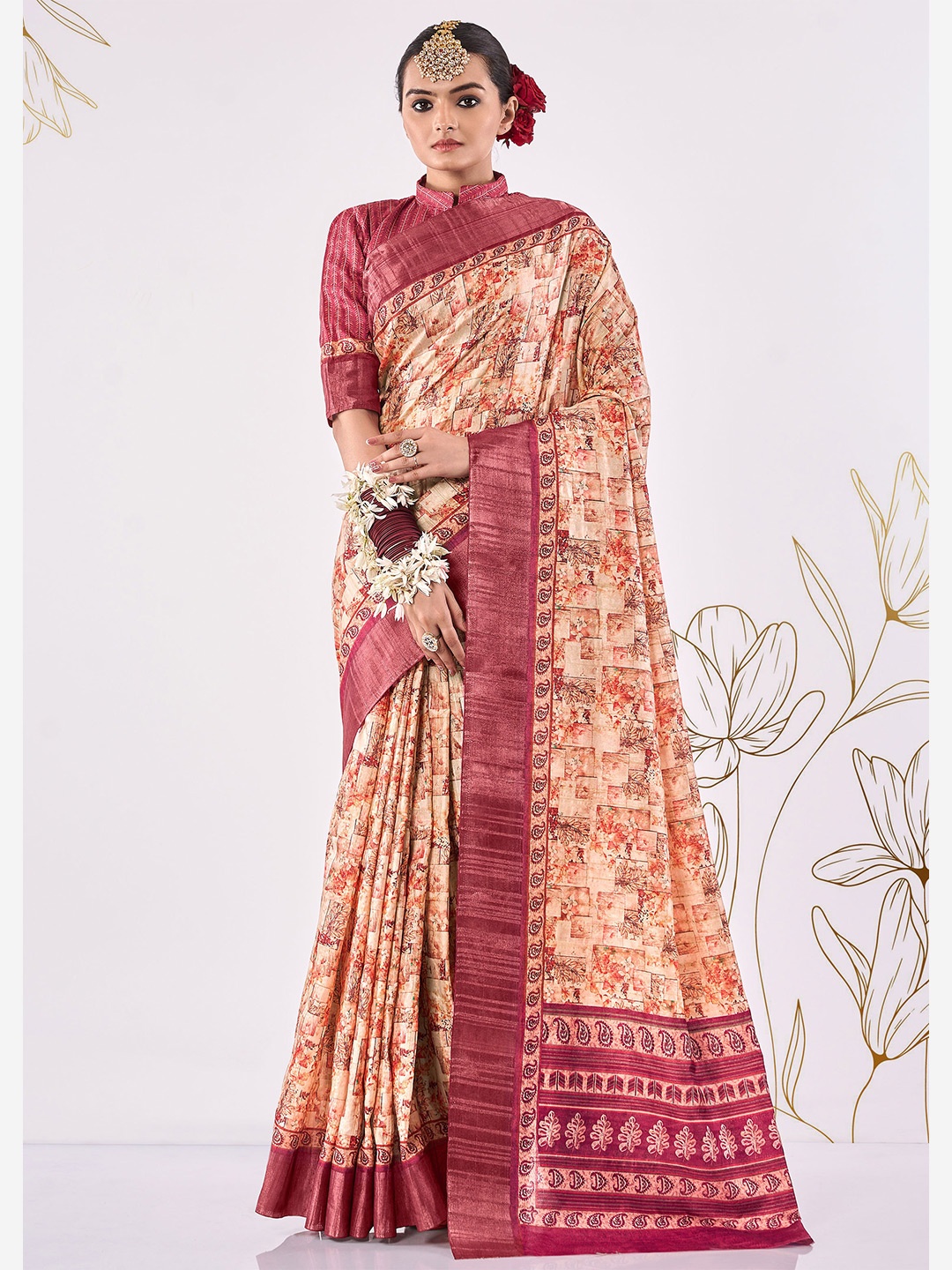 

SHANGRILA Ethnic Motifs Printed Zari Bagru Saree, Brown