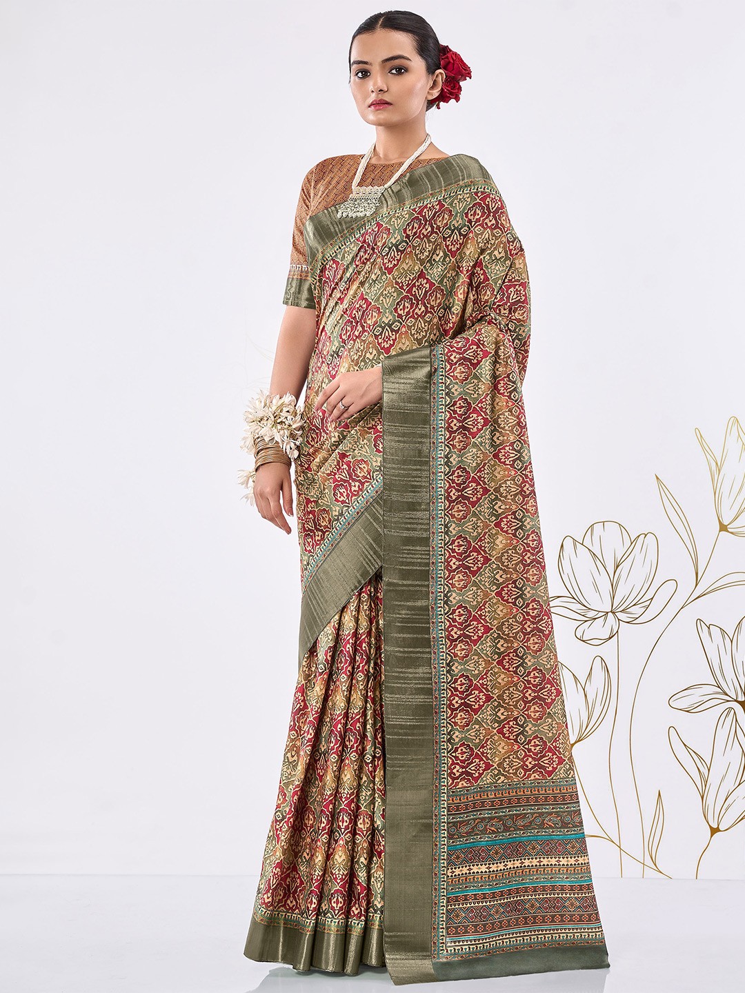 

SHANGRILA Ethnic Motifs Printed Zari Bagru Saree, Brown