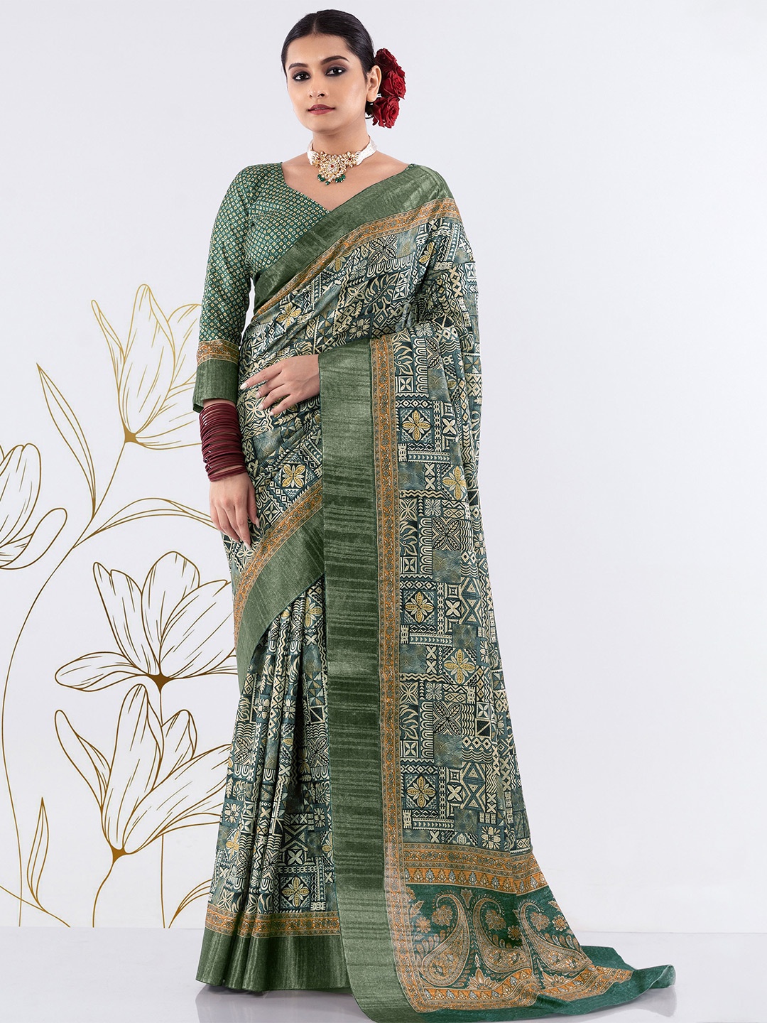 

SHANGRILA Ethnic Motifs Zari Bagru Saree, Green