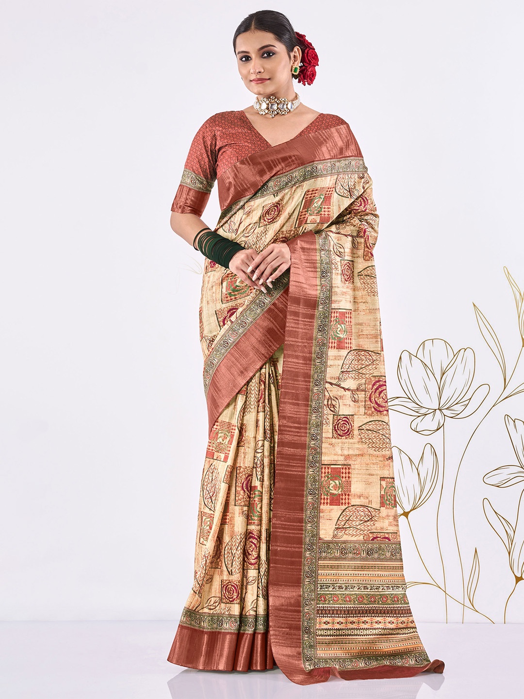 

SHANGRILA Ethnic Motifs Printed Bagru Saree, Peach