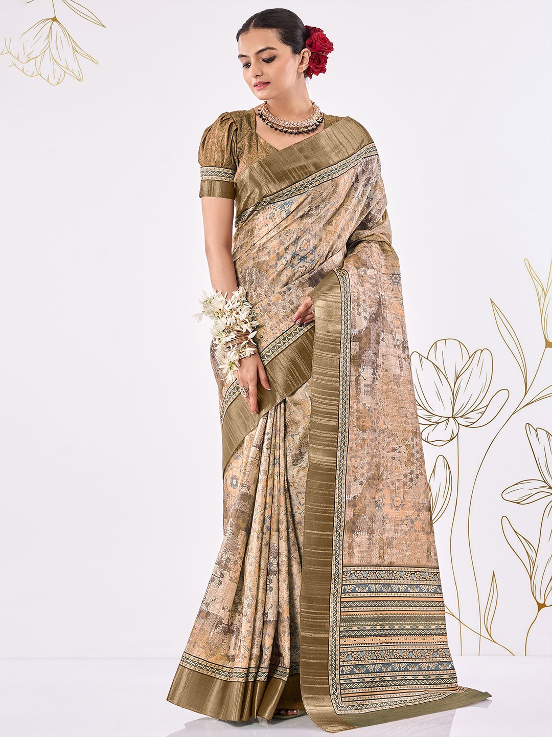 

SHANGRILA Ethnic Motifs Printed Bagru Saree, Beige