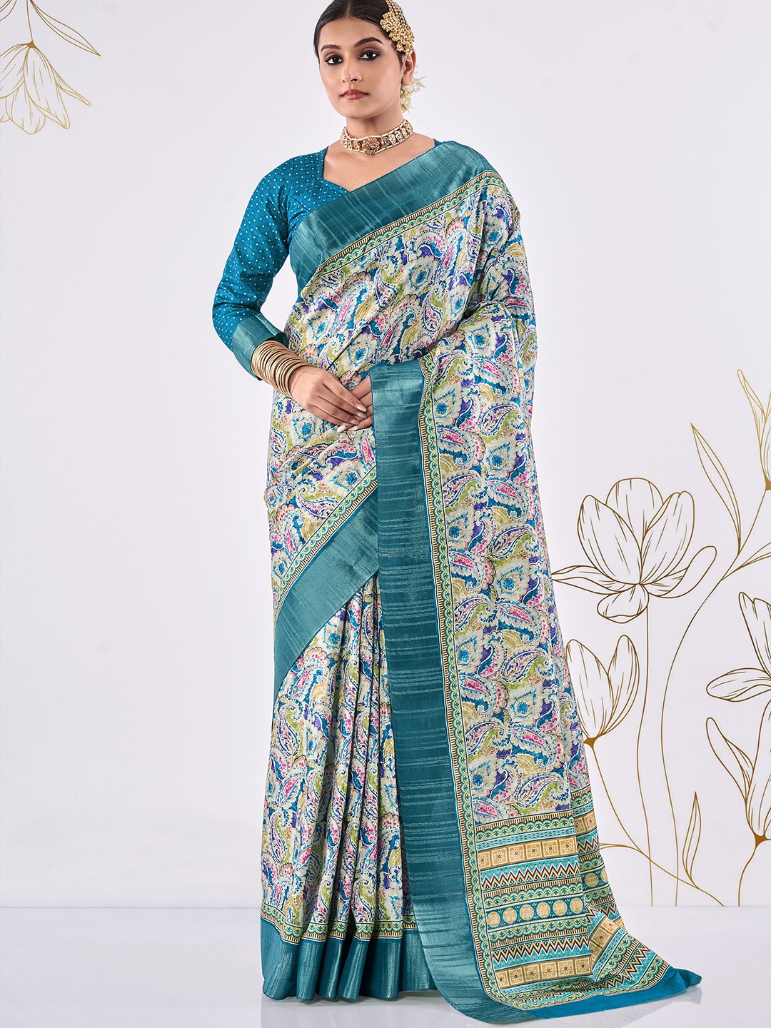 

SHANGRILA Ethnic Motifs Printed Zari Bagru Saree, Blue