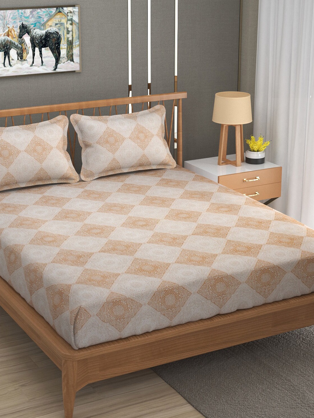 

MAFATLAL Brown & White Geometric Cotton 144 TC King Bedsheet With 2 Pillow Covers