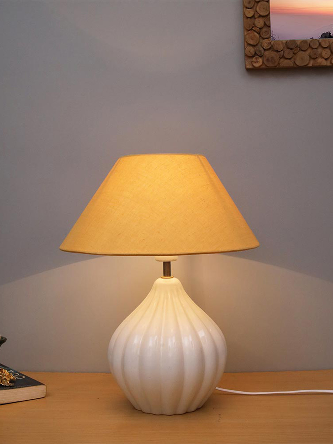 

Homesake Striped White Ceramic Table Desk Lamp, Gold