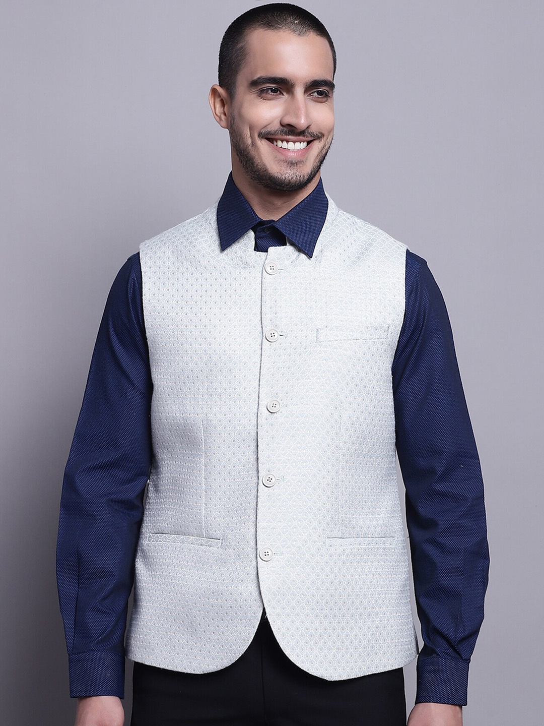

Cantabil Woven Design Band Collar Waist Coat, Green