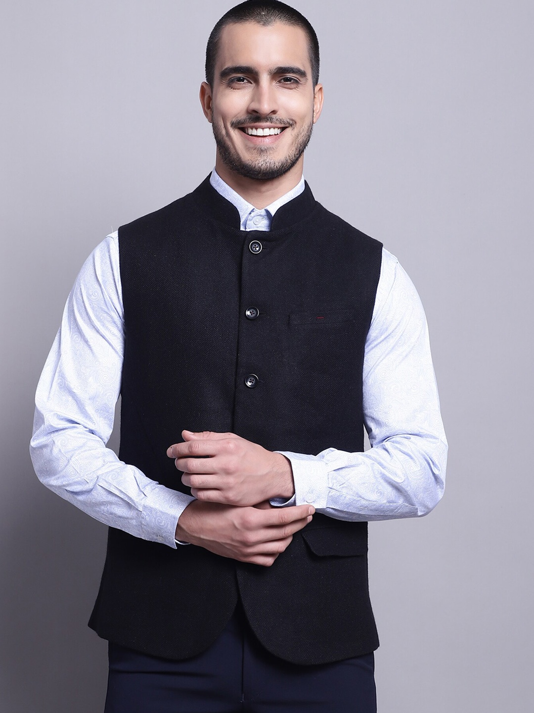 

Cantabil Textured Band Collar Nehru Jacket, Navy blue