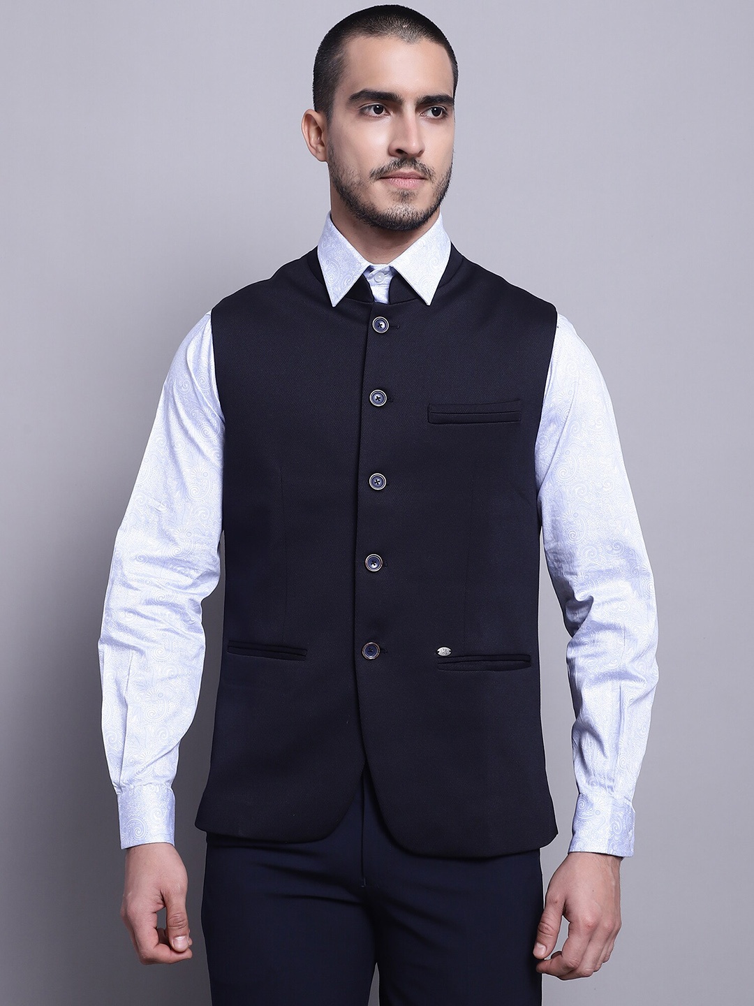 

Cantabil Band Collar Waist Coat, Navy blue