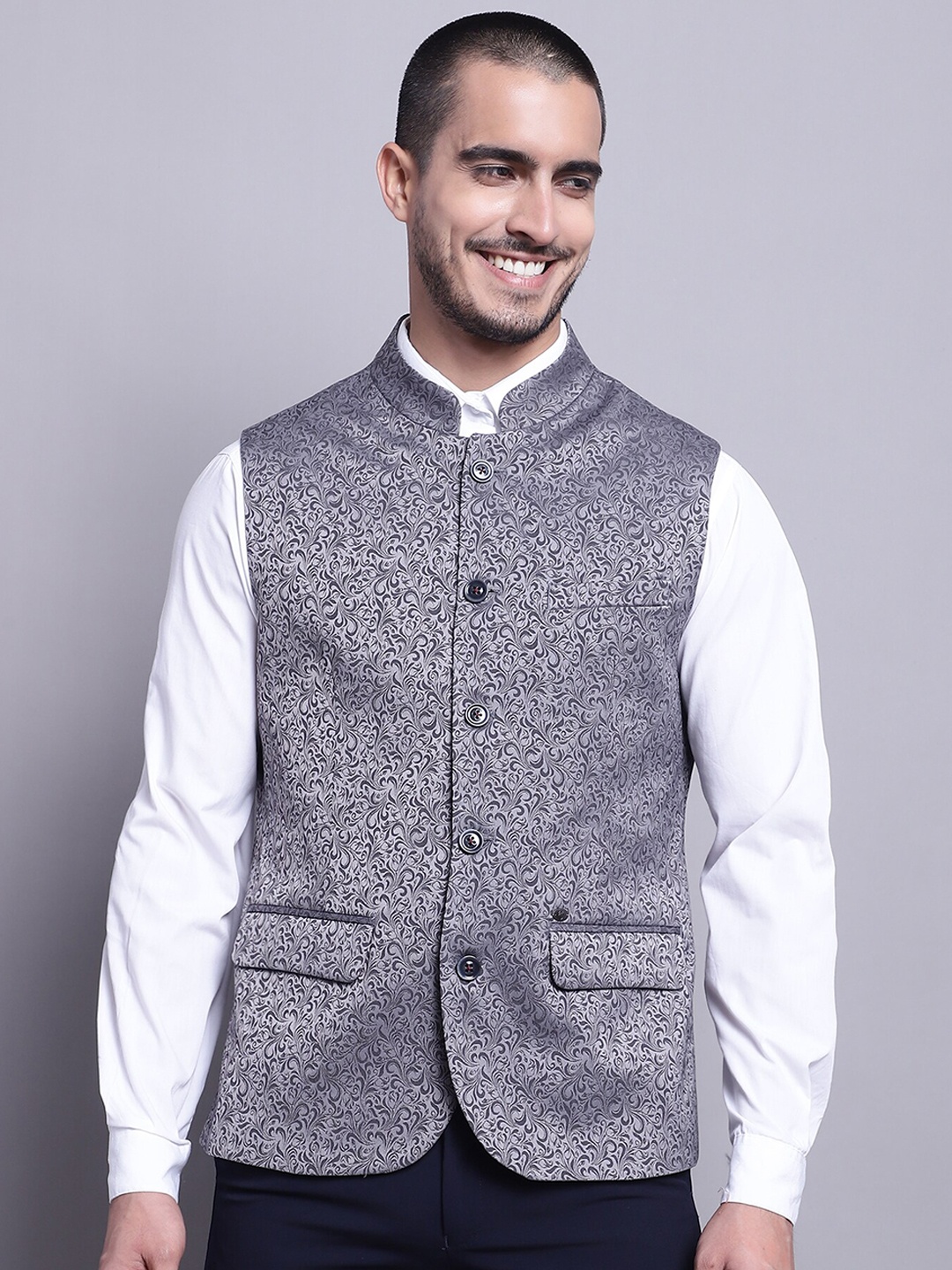 

Cantabil Printed Band Collar Waist Coat, Grey