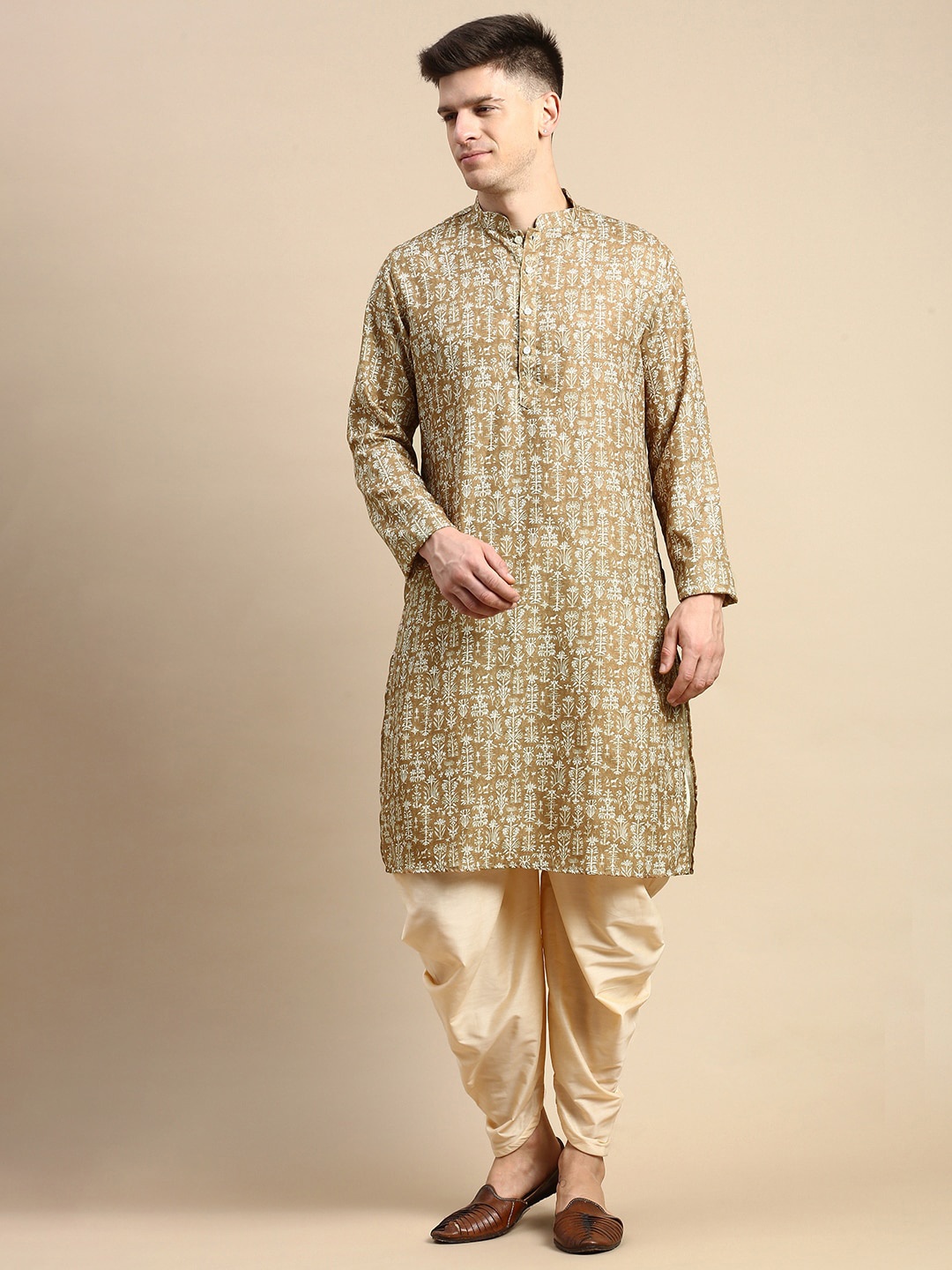 

Amodh by Kisah Ethnic Motifs Printed Regular Kurta with Dhoti Pants, Khaki